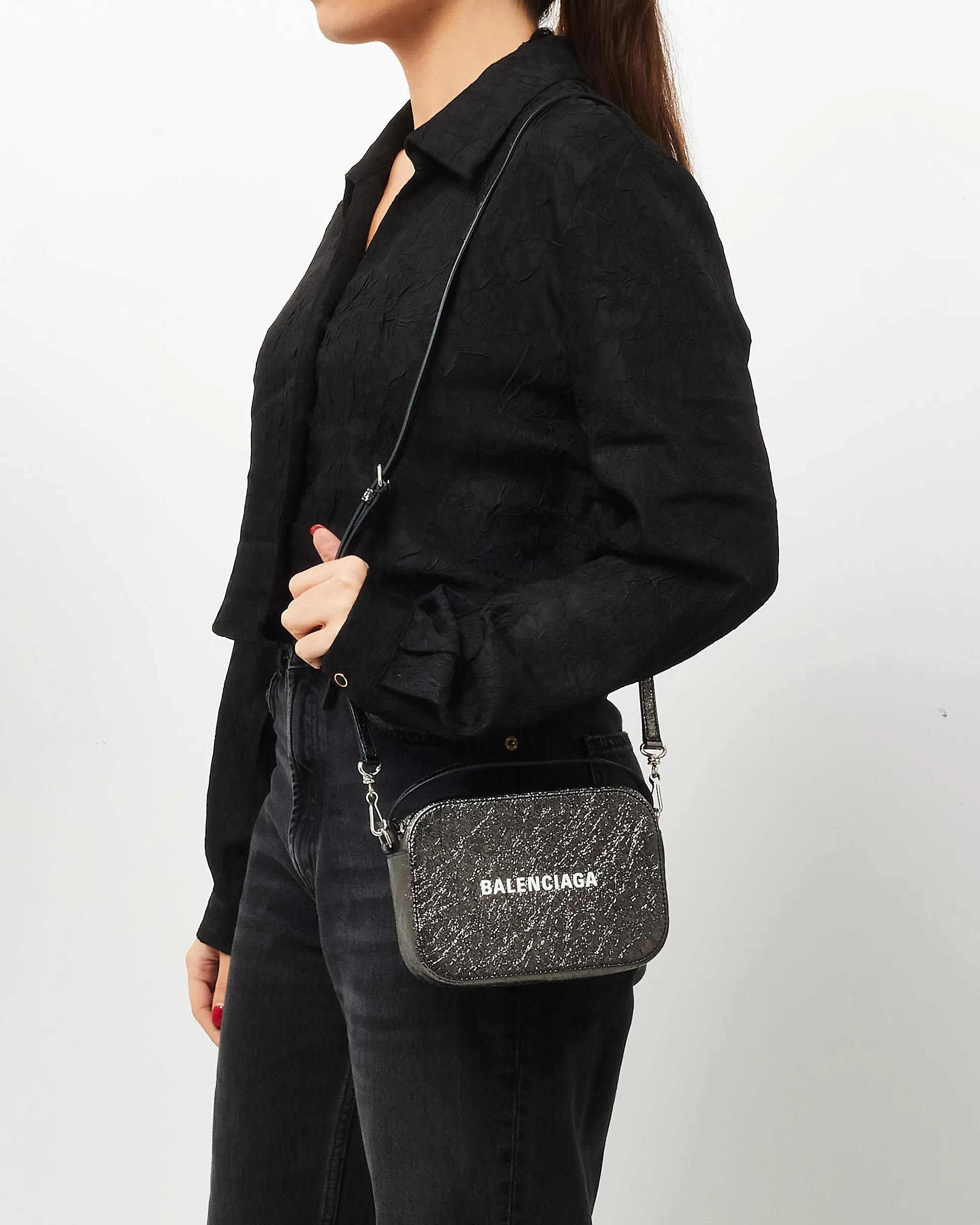 Balenciaga Black Metallic Textured Calfskin Leather Everyday XS Camera Bag